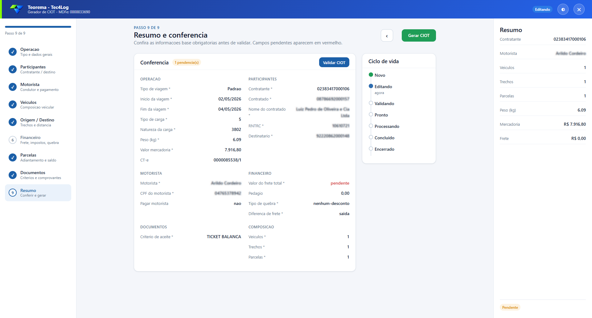 Gerador de CIOT — Resumo e Conferência
