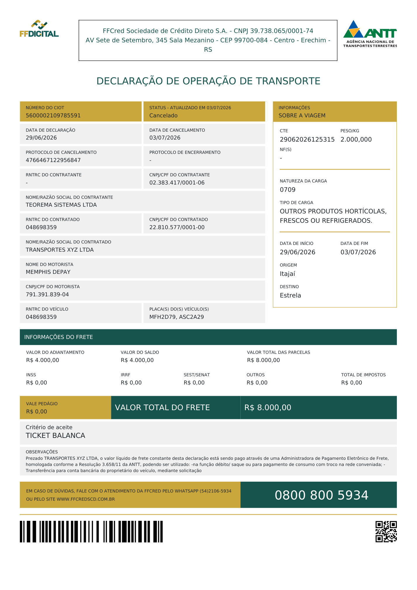 Exemplo de CIOT gerado — documento em PDF
