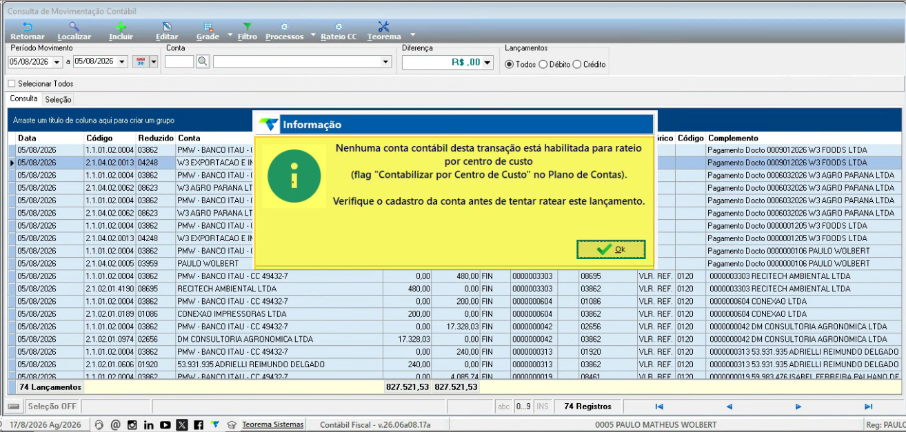 Mensagem de alerta sobre configuração necessária da conta para realizar rateio