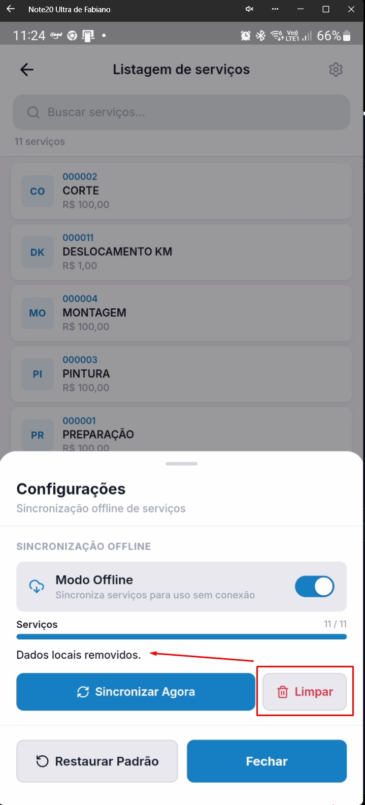 Tela de configurações após limpeza de dados locais