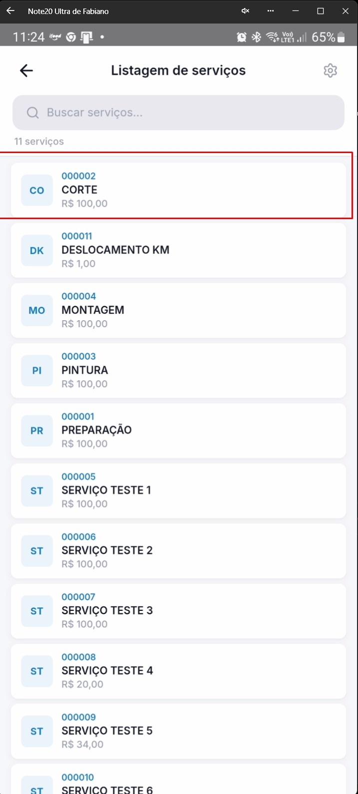Tela mostrando um serviço selecionado da lista