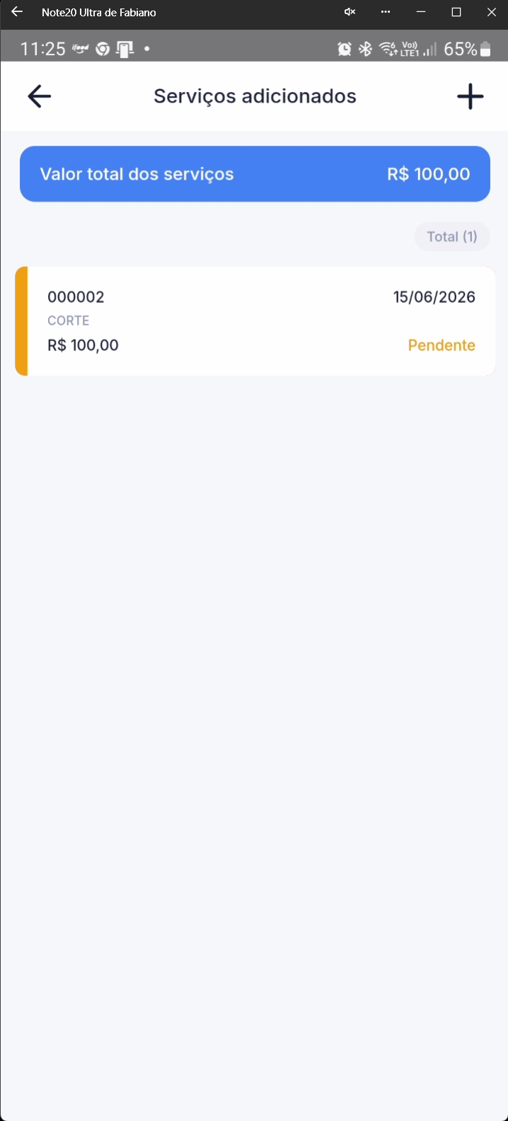 Tela mostrando serviço adicionado com status Pendente