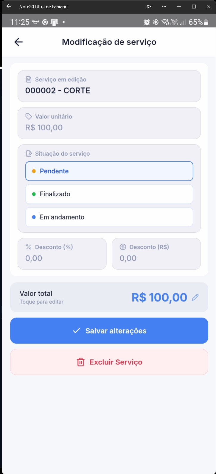 Tela de edição de serviço destacando campos modificáveis