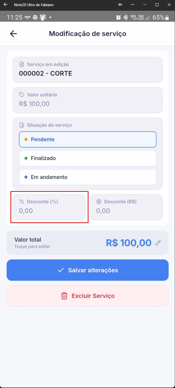 Tela destacando campo de desconto percentual