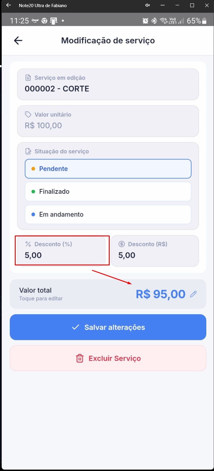 Tela mostrando serviço com desconto percentual aplicado