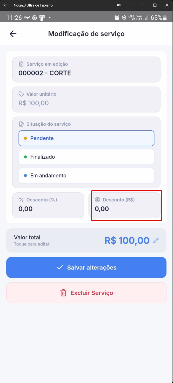 Tela destacando campo de desconto em reais