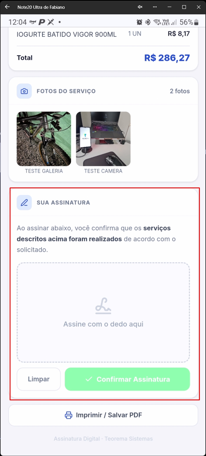 Tela web com área de assinatura vazia e botões de ação