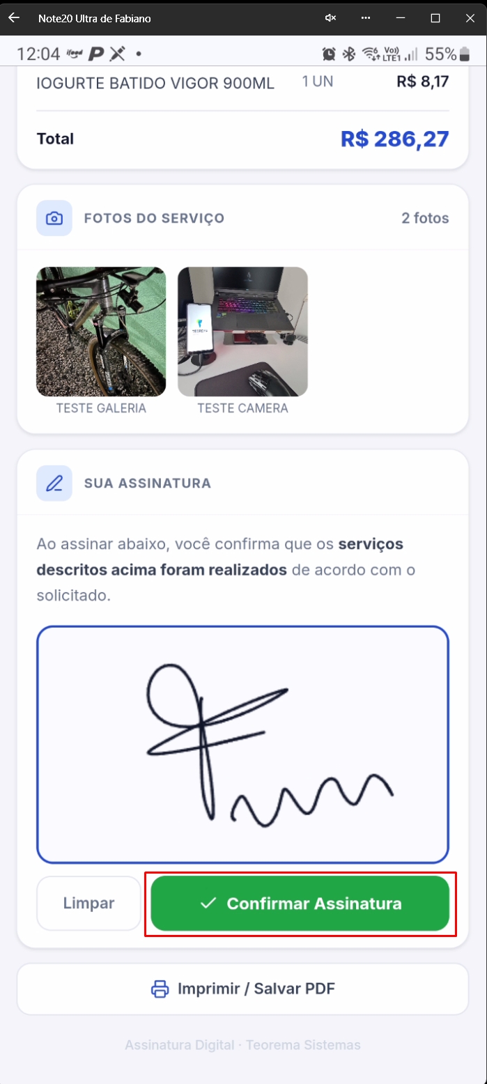 Tela web mostrando assinatura desenhada e botão confirmar