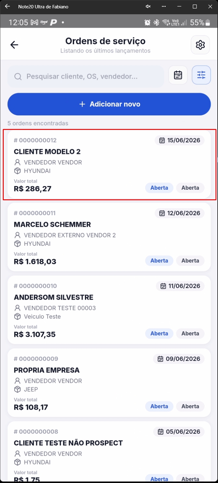 Tela listando O.S. com registro atualizado