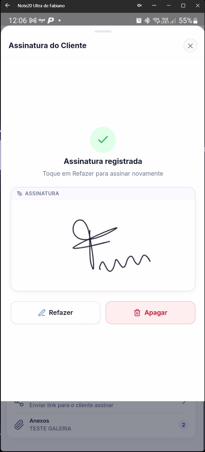Tela mostrando assinatura remota com opções de refazer ou apagar