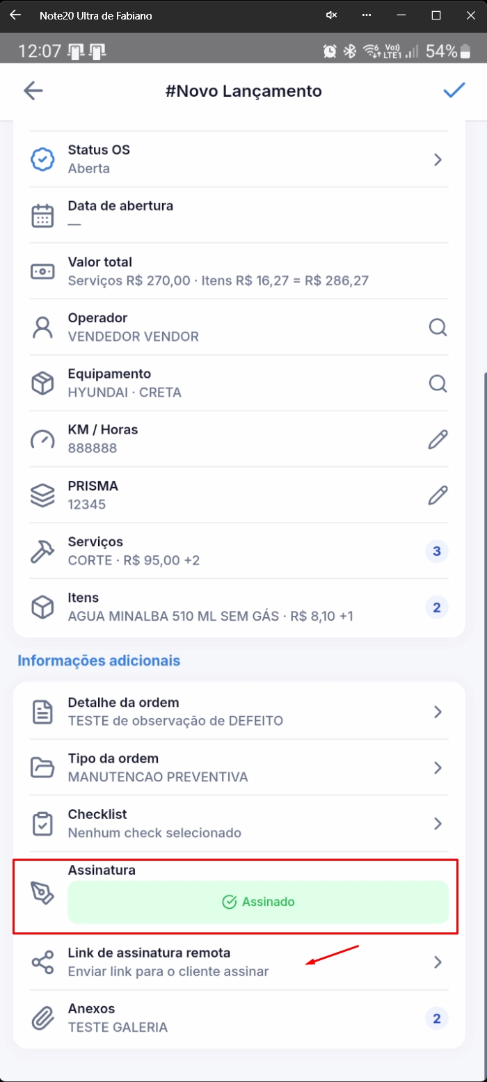 Formulário mostrando assinatura e link de assinatura remota