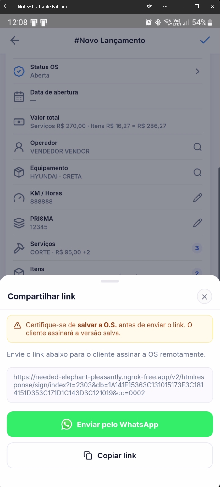 Tela de compartilhamento para reenvio de link