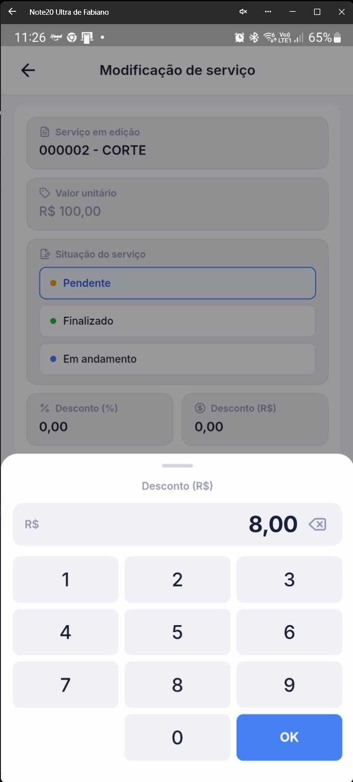 Diálogo para entrada de valor de desconto em reais