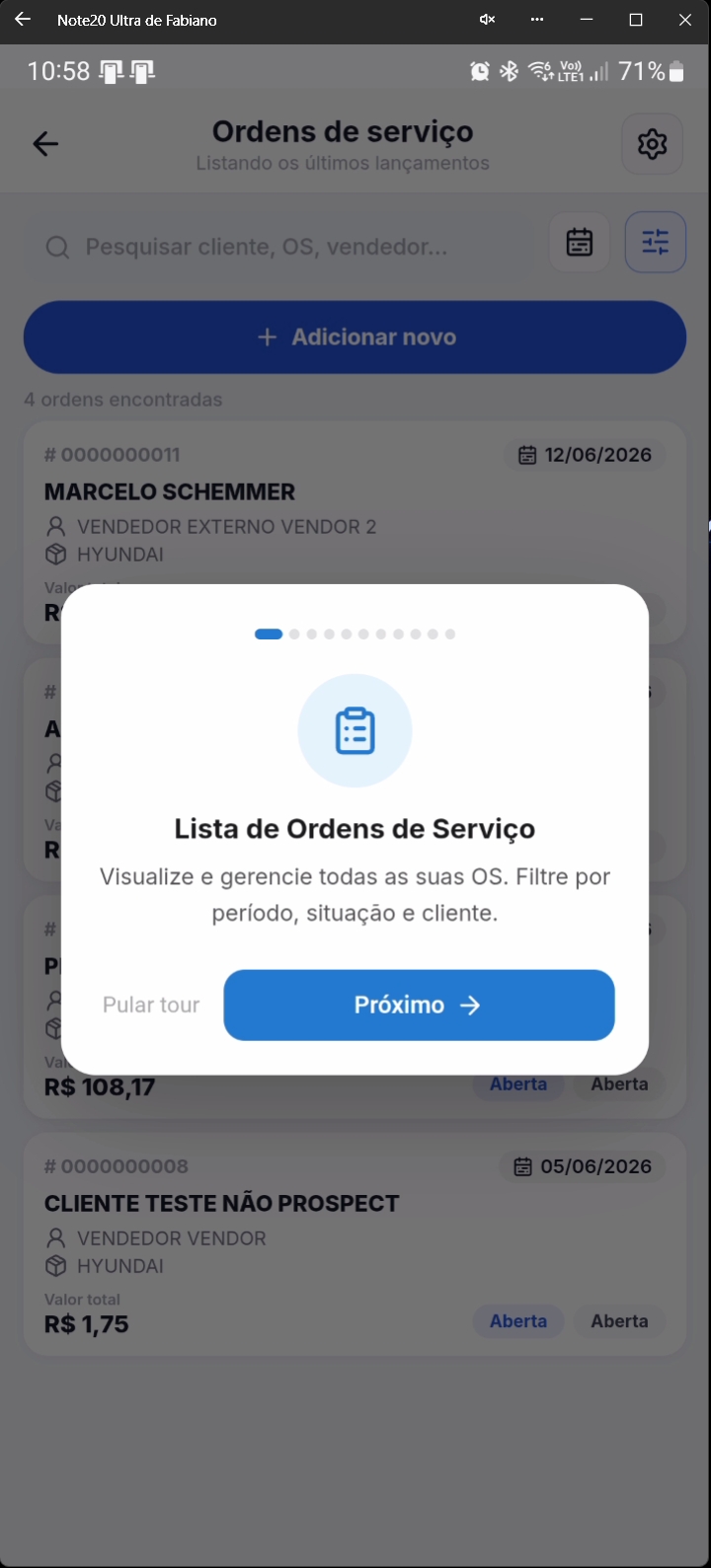 Tour interativo mostrando lista de Ordens de Serviço