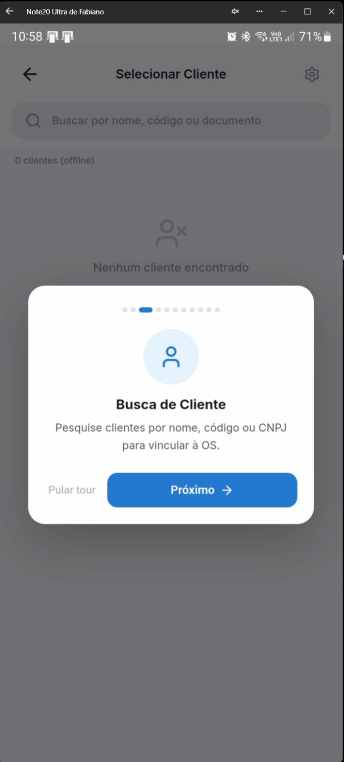 Tour interativo destacando campo de busca de cliente