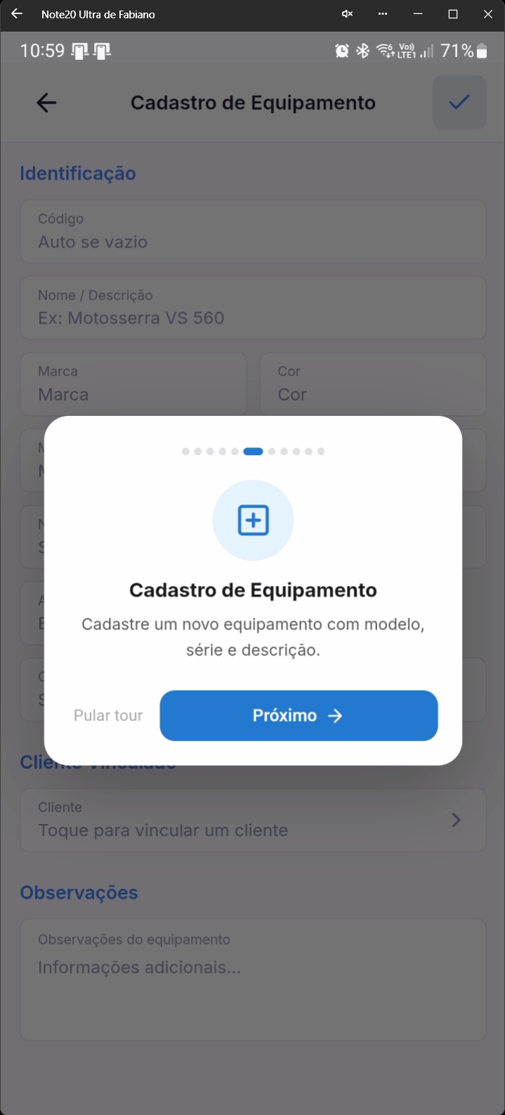 Tour interativo destacando opção de cadastro de equipamento