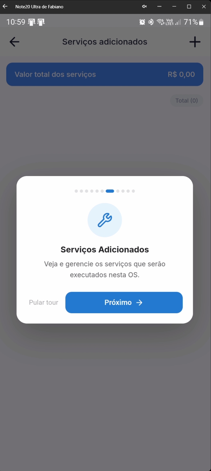 Tour interativo mostrando seção de serviços adicionados