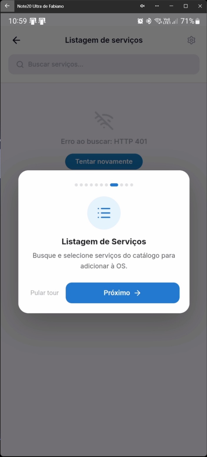 Tour interativo apresentando listagem de serviços