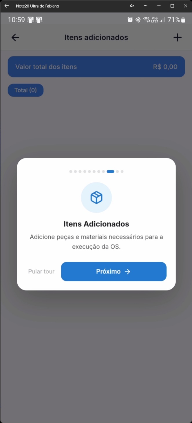 Tour interativo indicando seção de itens adicionados