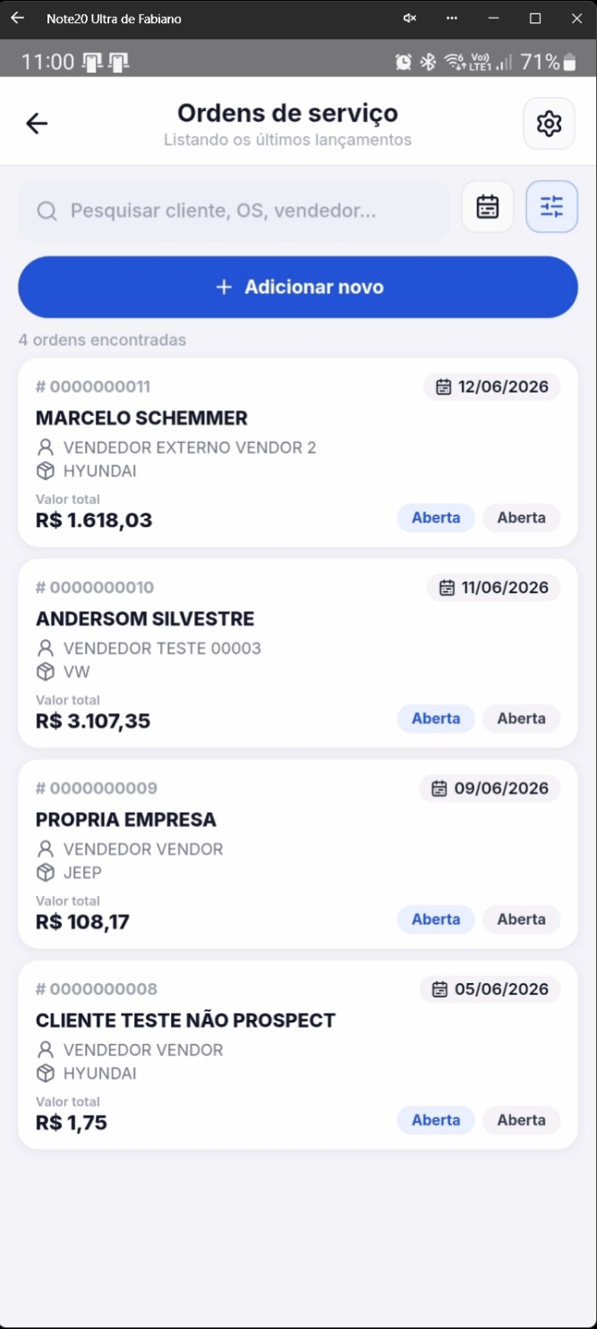 Lista de Ordens de Serviço com filtros aplicados