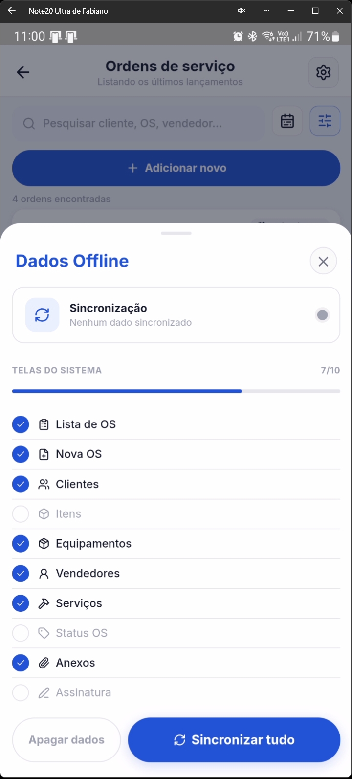 Tela de dados offline mostrando módulos para sincronizar