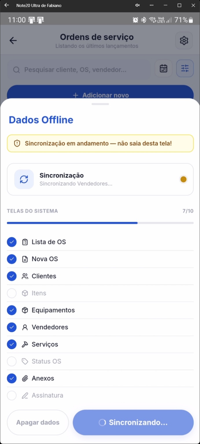 Tela mostrando progresso da sincronização