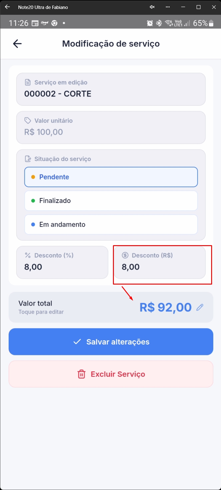 Tela mostrando serviço com desconto em reais aplicado