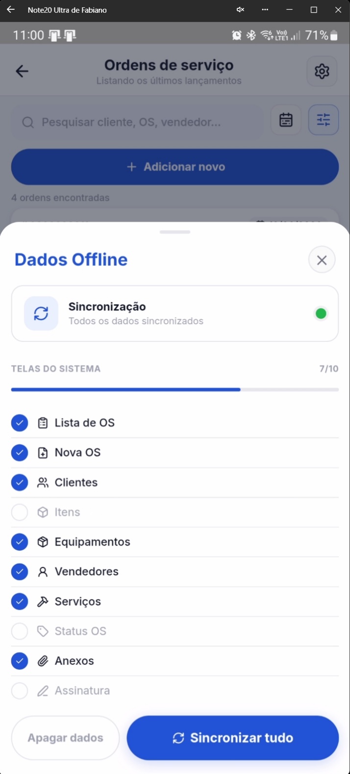 Tela indicando sincronização concluída com sucesso