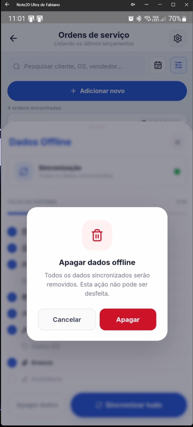 Tela de dados offline com destaque para opção de apagar