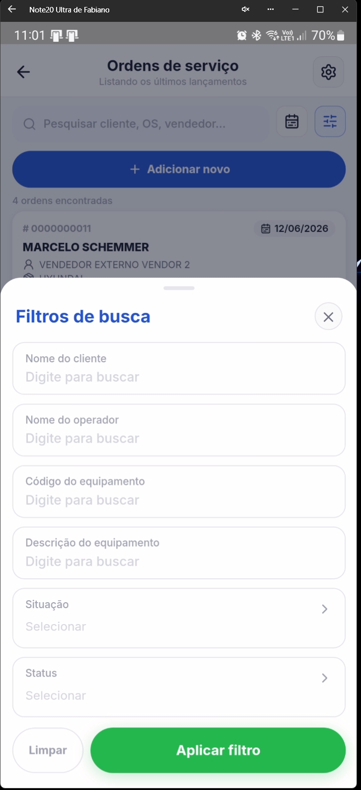 Lista de O.S. com filtro de período selecionado