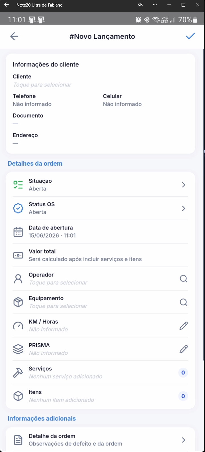 Tela de filtros avançados para busca de O.S.