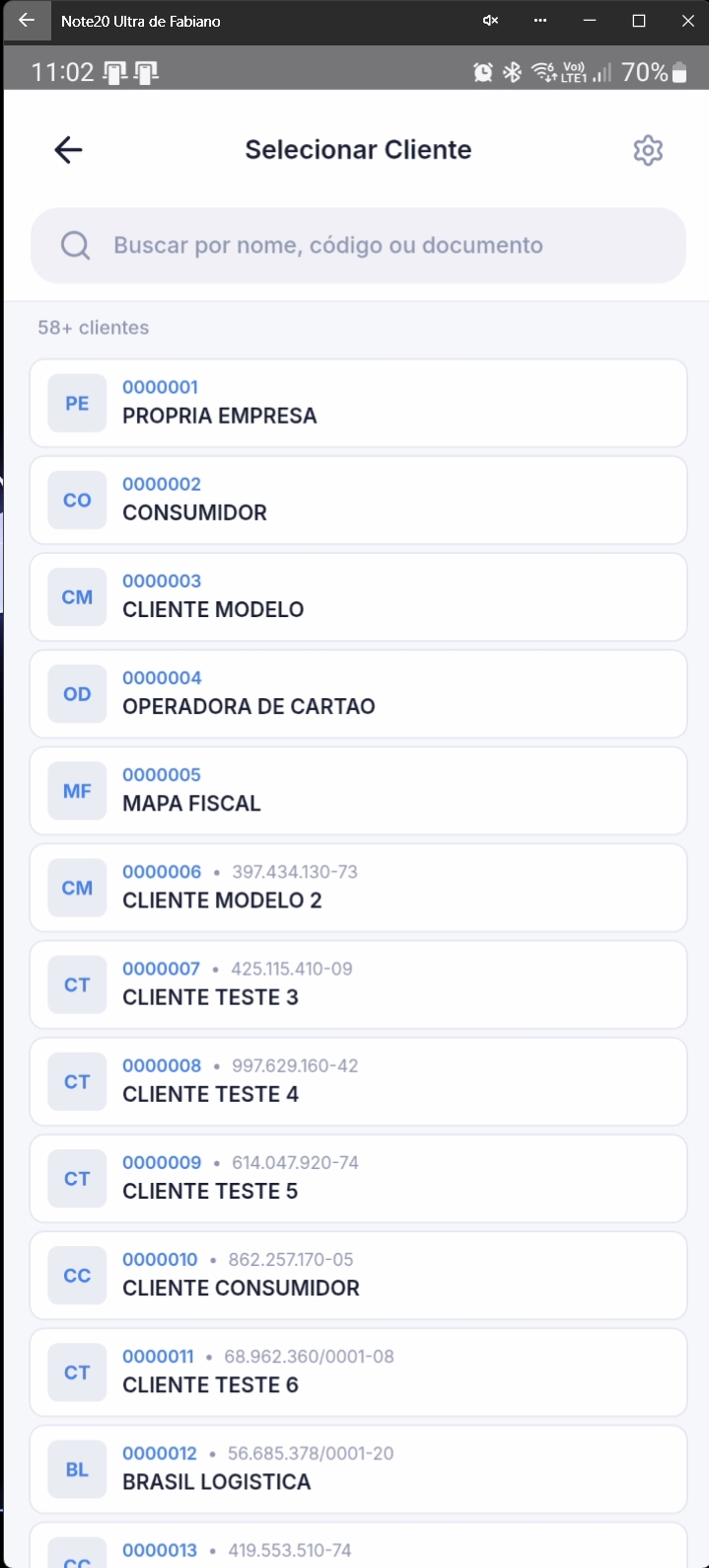 Tela de seleção de cliente com lista de clientes