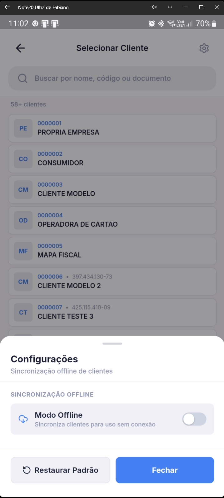Configurações de clientes com modo offline desativado