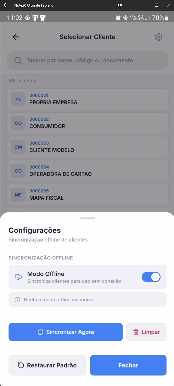 Configurações de clientes com modo offline ativado