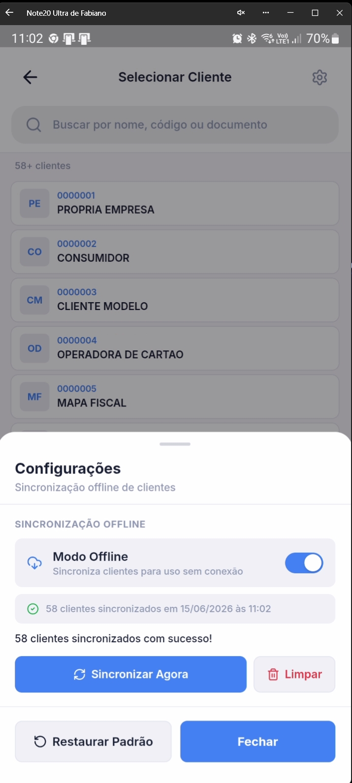Tela de configurações mostrando clientes sincronizados