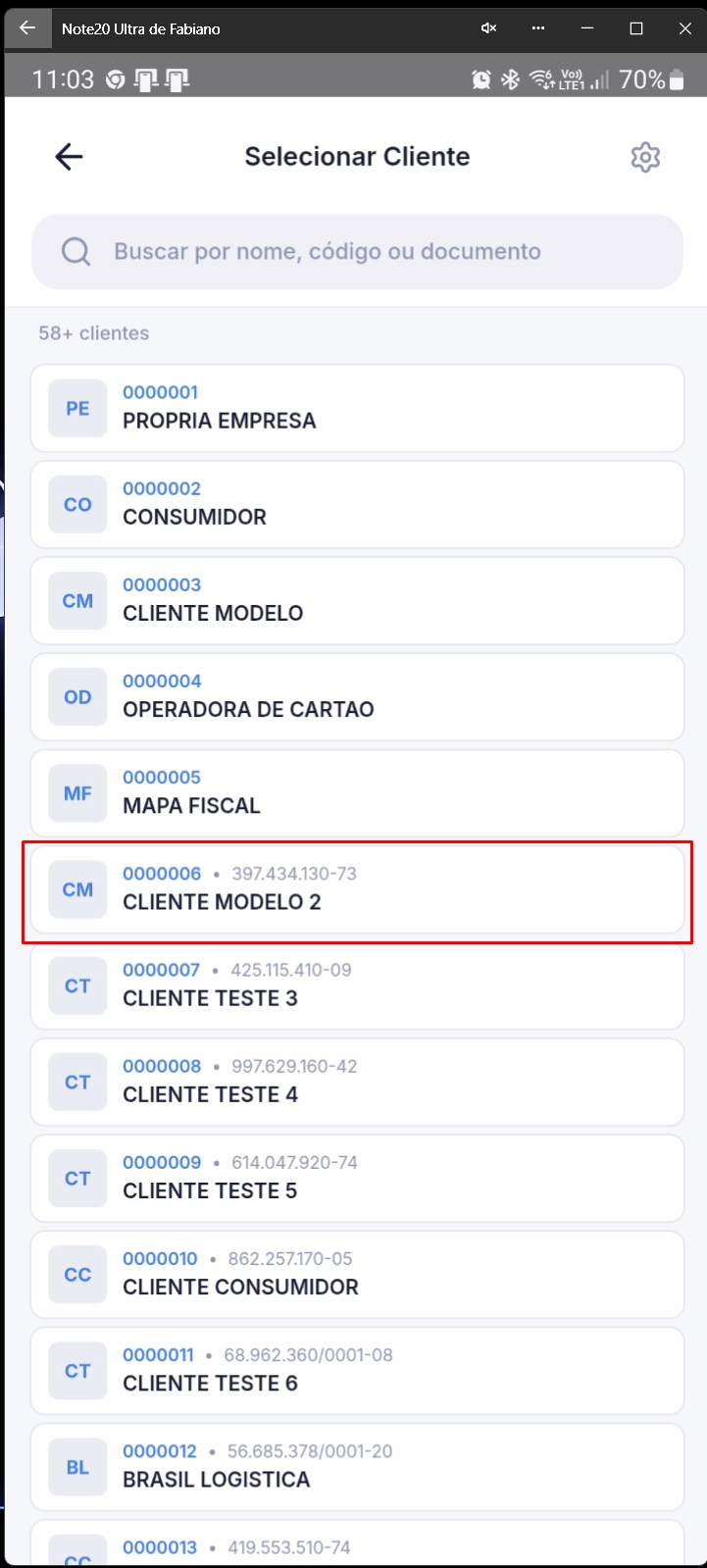 Cliente selecionado na relação de clientes disponíveis
