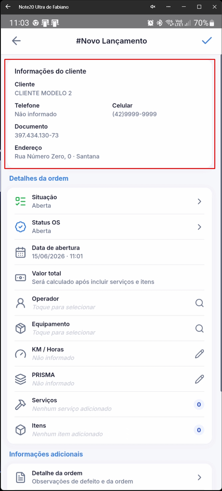 Formulário de Novo Lançamento com cliente preenchido