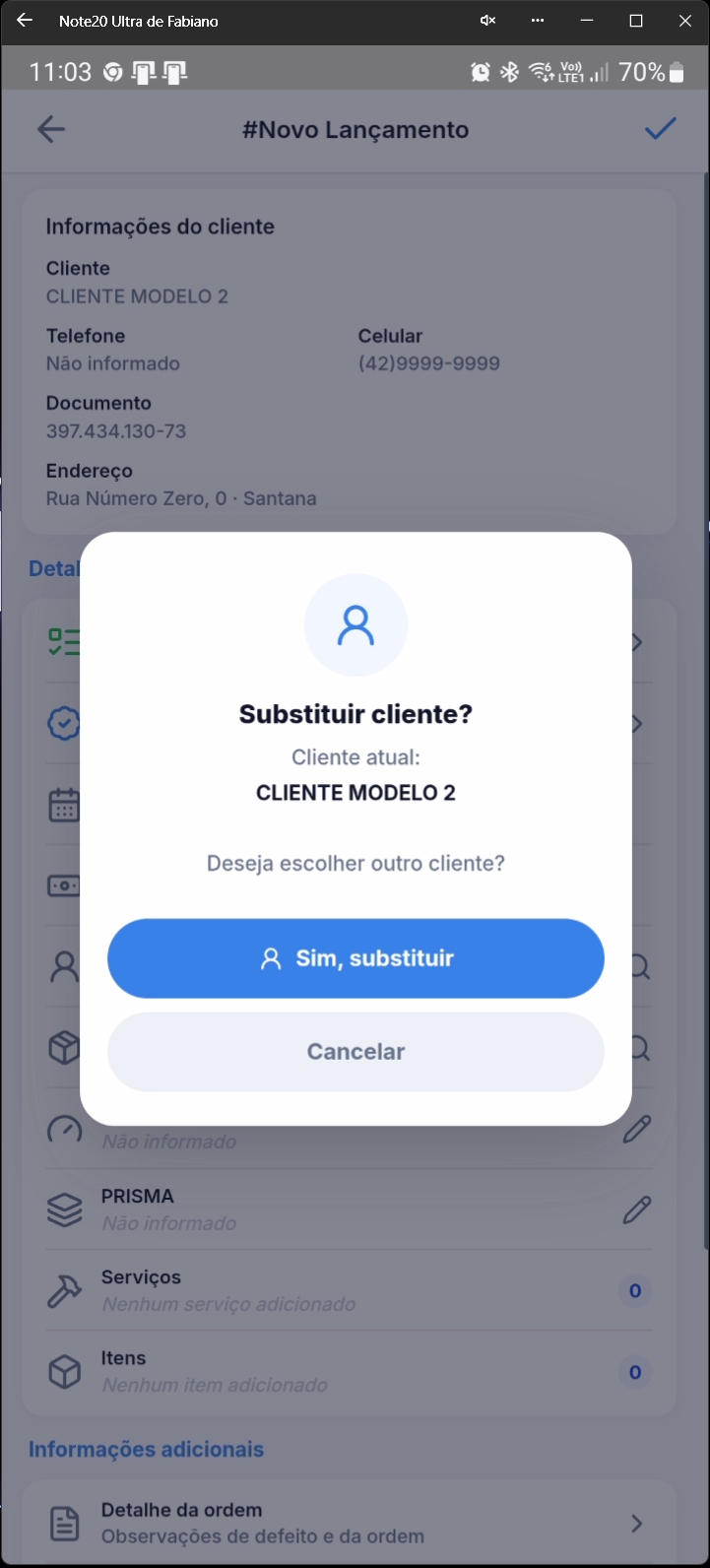 Diálogo de confirmação para trocar cliente