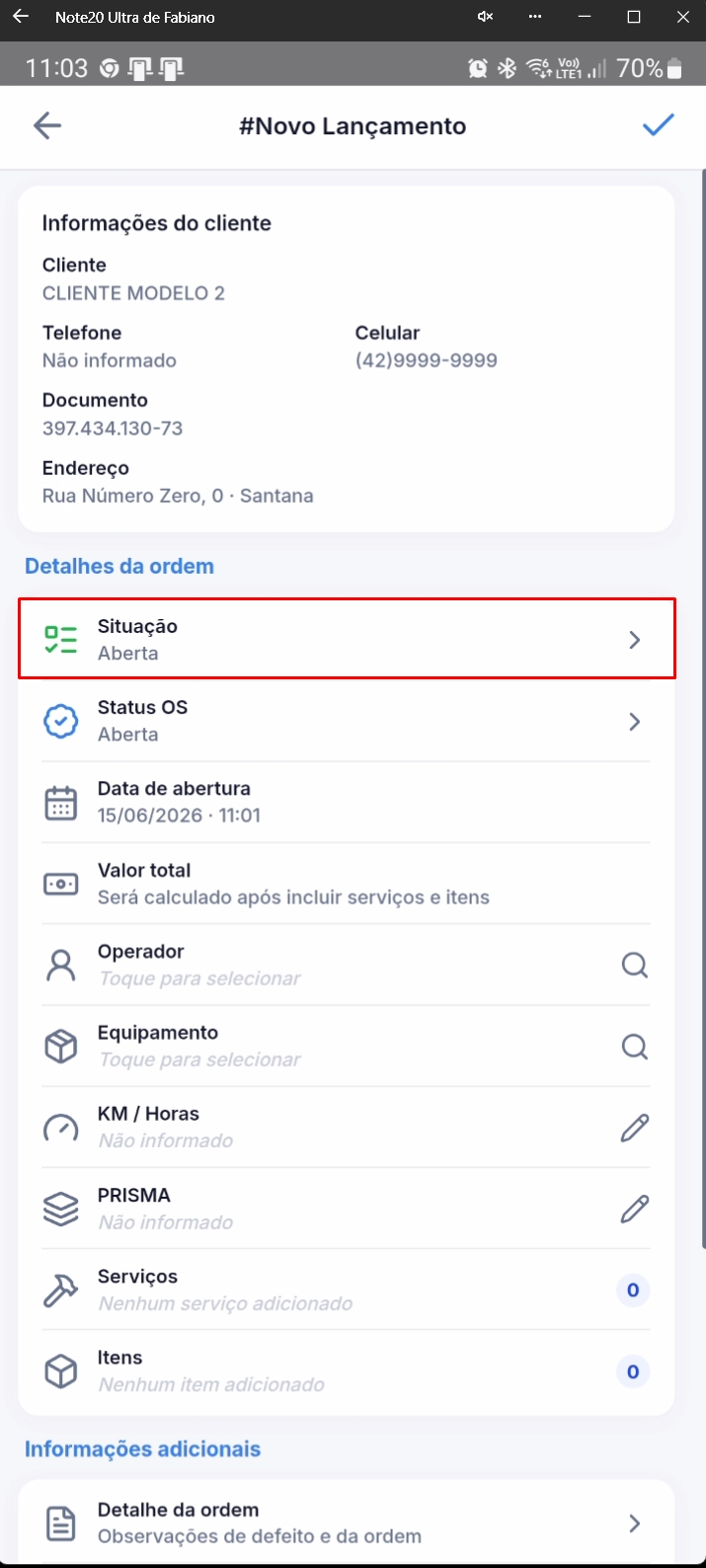 Formulário mostrando campo de Situação em destaque