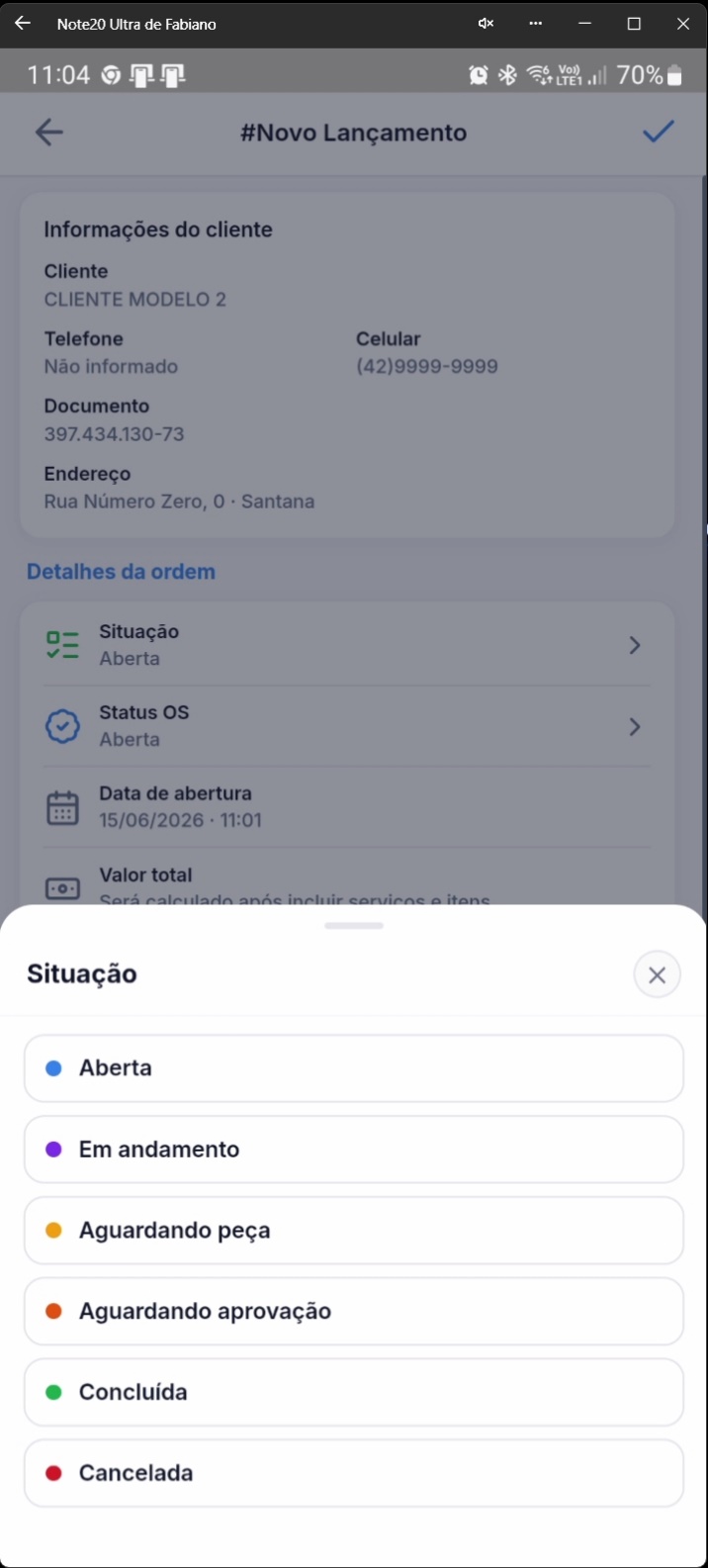 Tela de seleção de situação com opções disponíveis