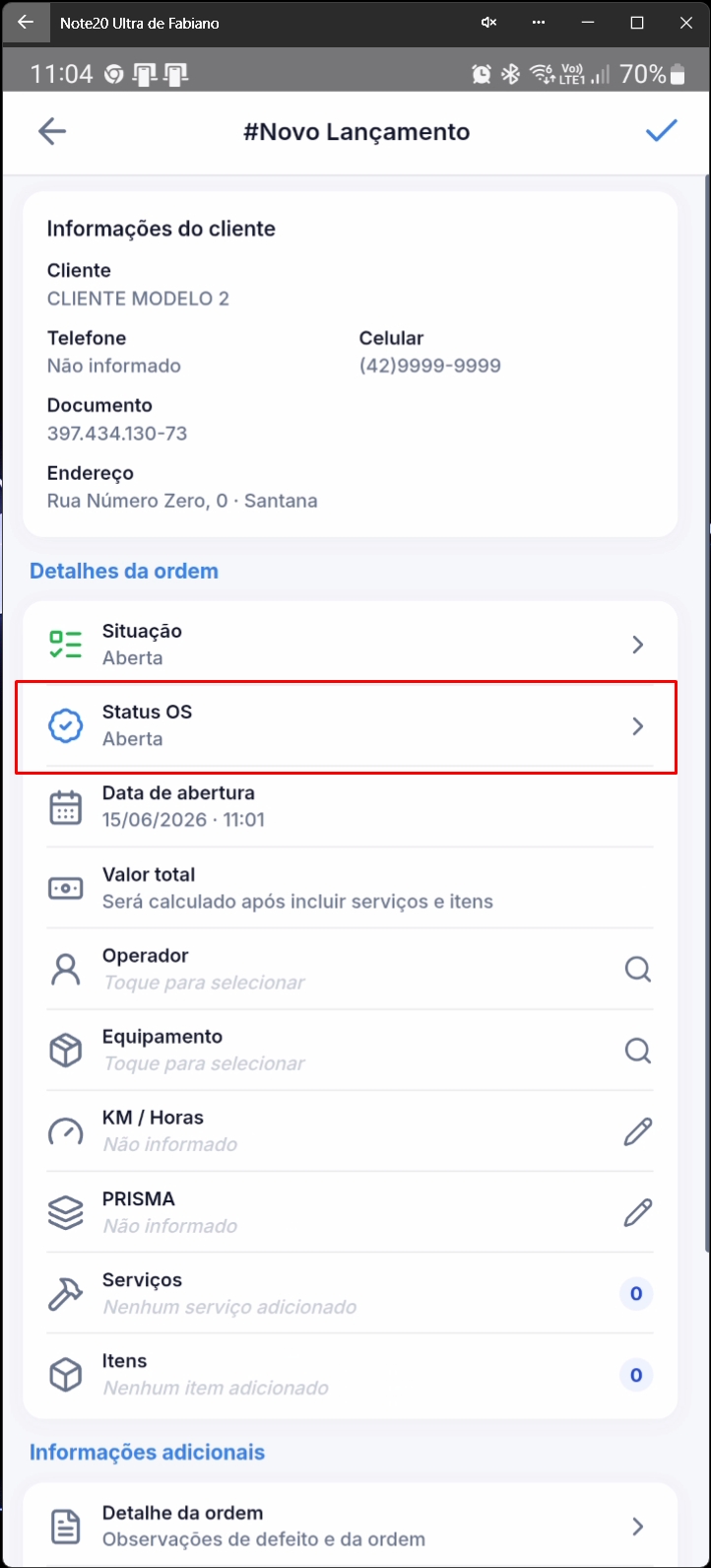 Formulário destacando campo de Status OS