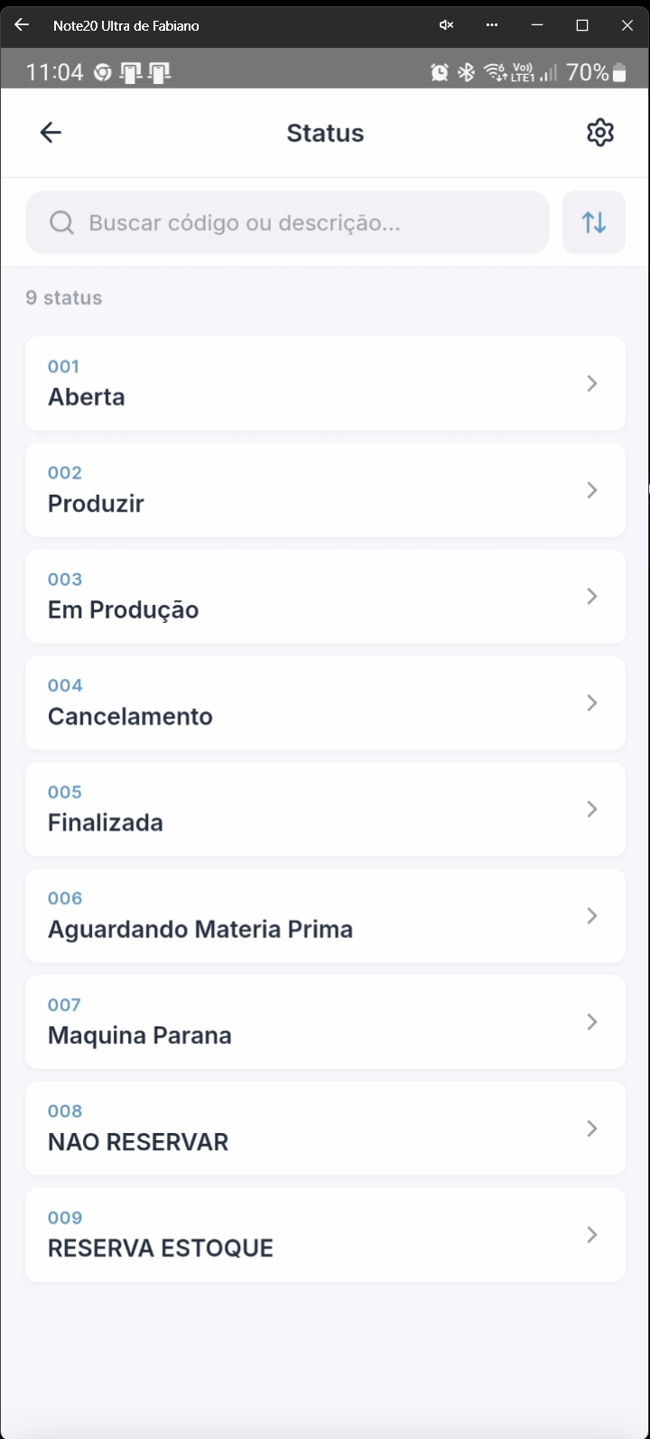 Tela com lista de status de O.S. disponíveis