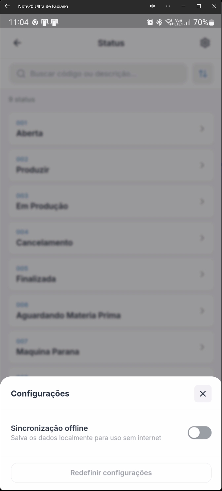 Configurações de status com modo offline desativado
