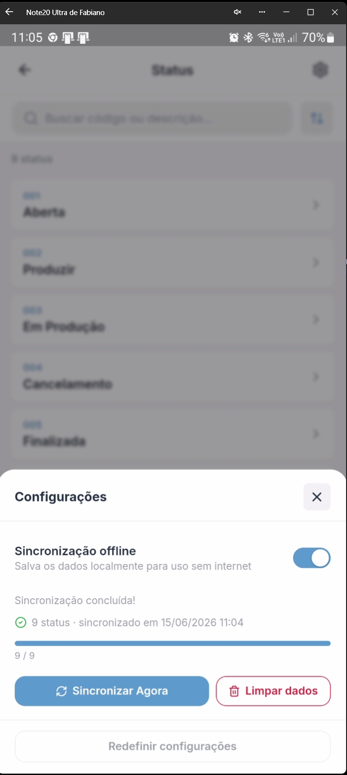 Diálogo confirmando sincronização de status offline