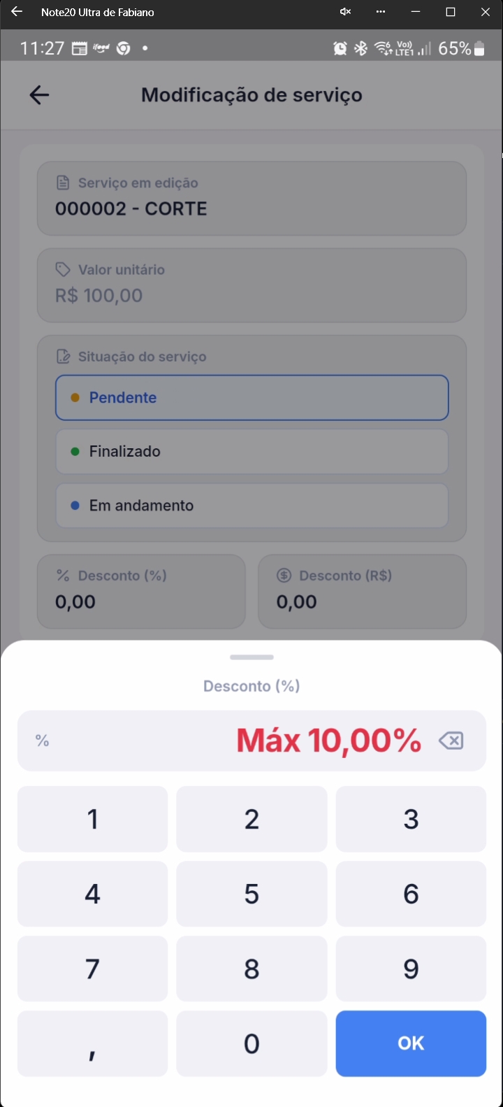 Tela indicando limite máximo de desconto excedido