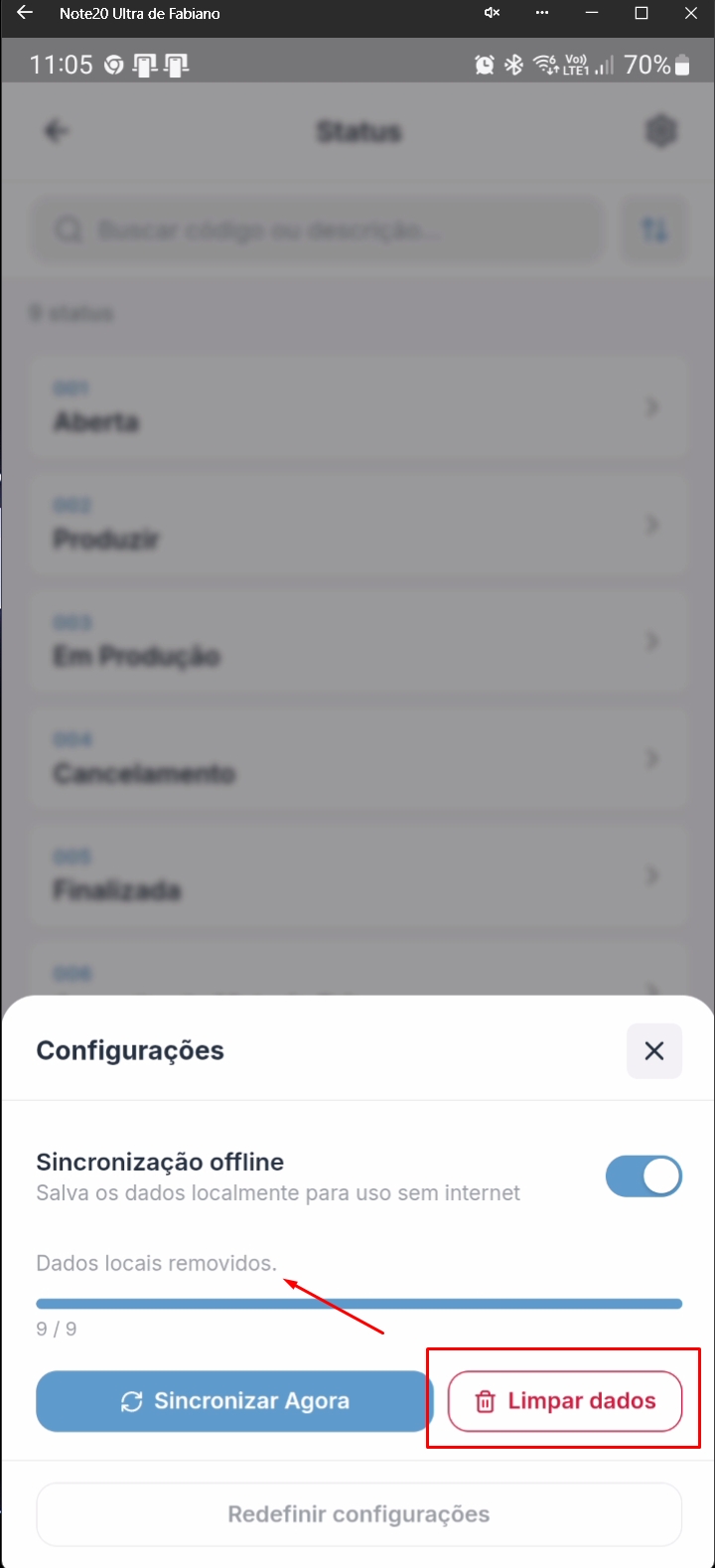 Tela de Status destacando opção de limpar dados