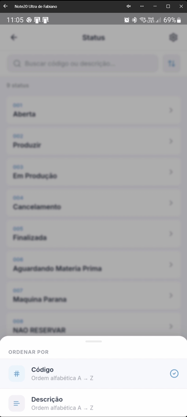Tela para ordenar Status por código ou descrição