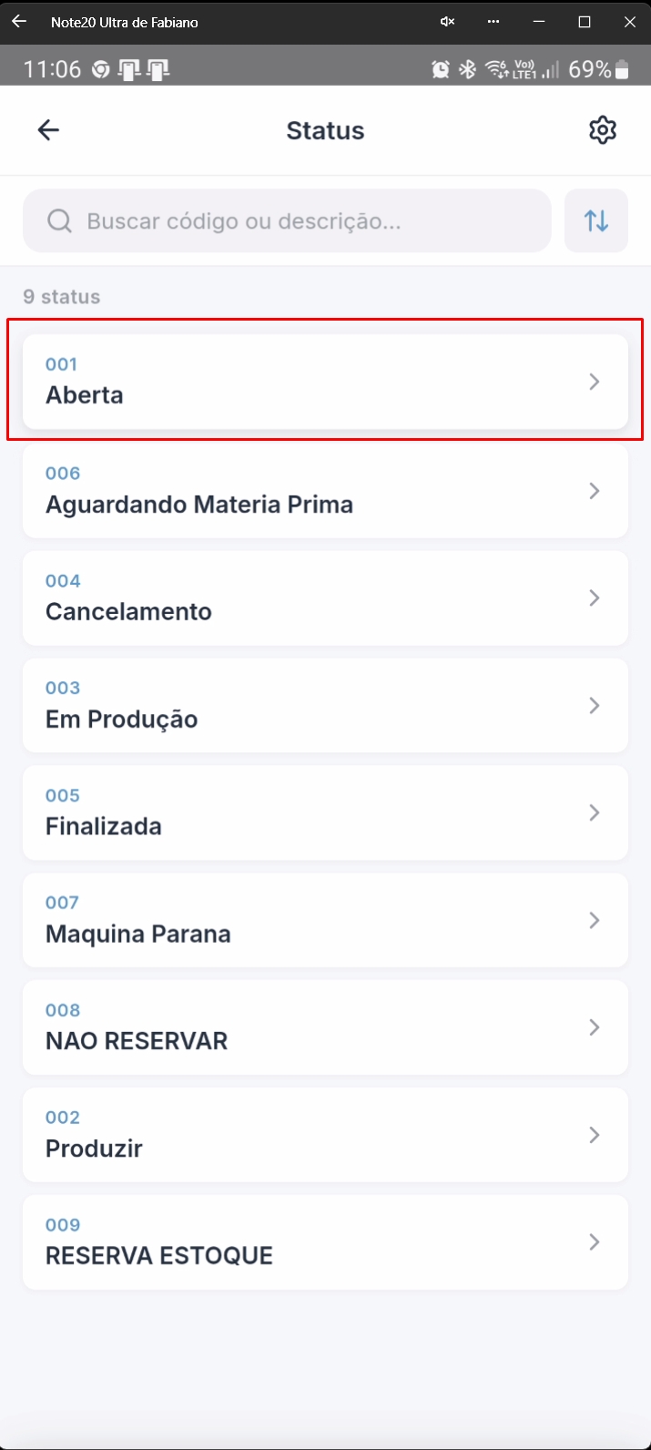 Lista de Status reordenada com Aberta selecionada