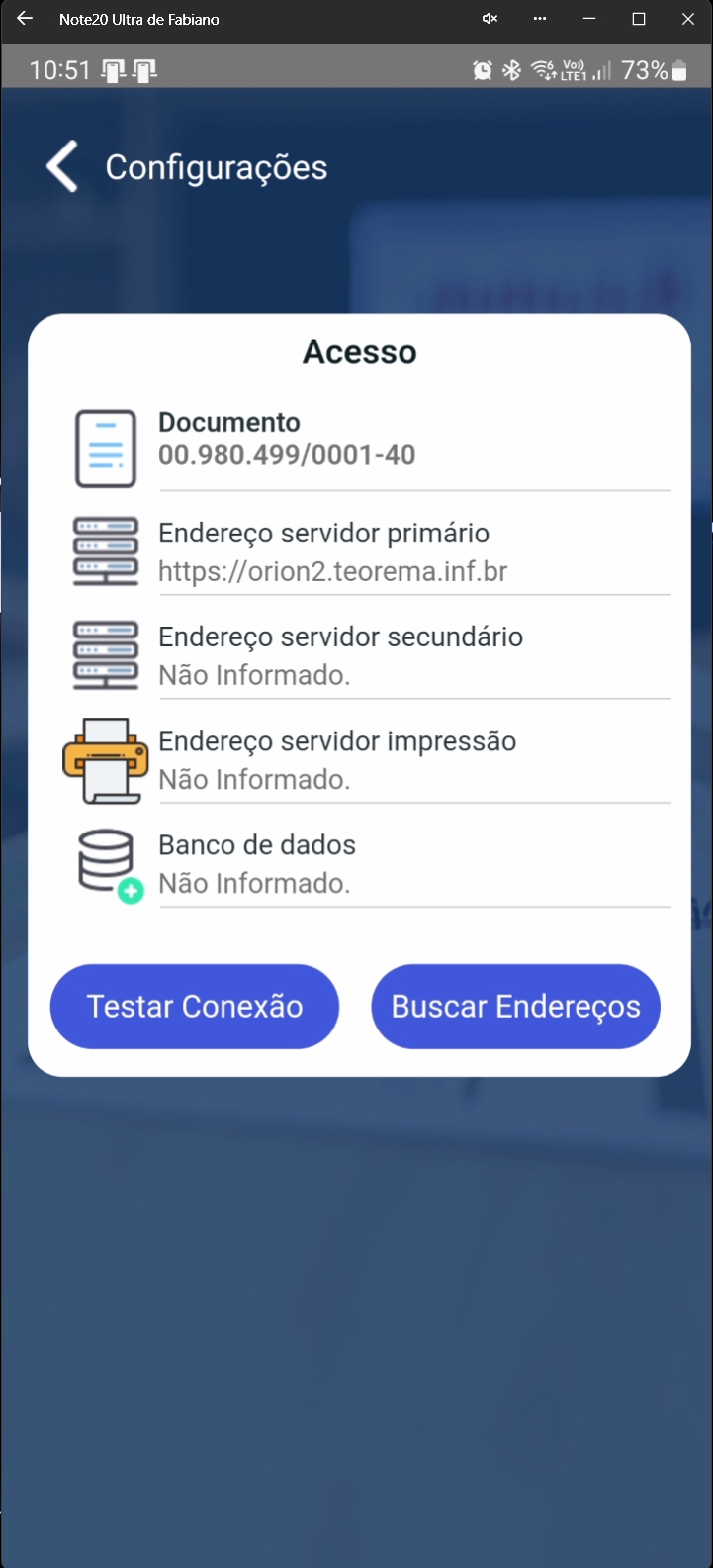Tela de configurações de servidores primário e secundário