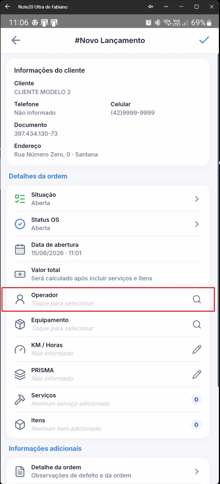 Formulário mostrando campo de Operador em destaque